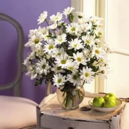 White daisy bouquet in a glass vase beside a bowl of green apples