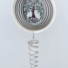 Hanging metal wind spinner with a tree design and crystal pendants