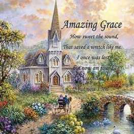 Painting of a church with the words Amazing Grace over a garden scene