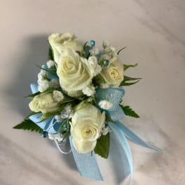 blue shimmer wrist corsage