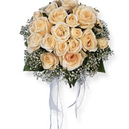 Bouquet of cream roses with white baby's breath and ribbon tails
