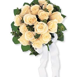 Cream rose bouquet with white ribbon tails