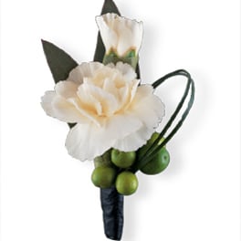 White carnation boutonniere with green berries and dark leaves