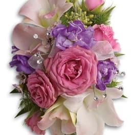 Pink and purple bouquet with roses and calla lilies