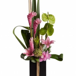 Pink tropical flowers arranged in a tall black vase with green leaves