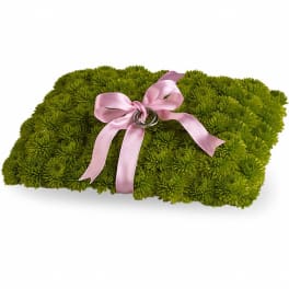 Rectangular green floral pillow tied with a pink ribbon