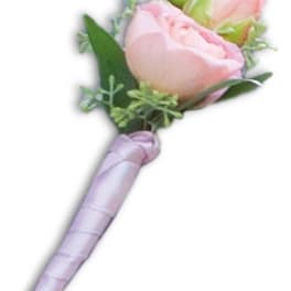 Pink rose boutonniere with lavender ribbon wrap