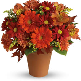 Orange and red mixed flower bouquet in a brown pot