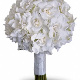White rose bouquet with a satin-wrapped handle