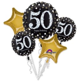 Cluster of 50th birthday balloons in black and gold