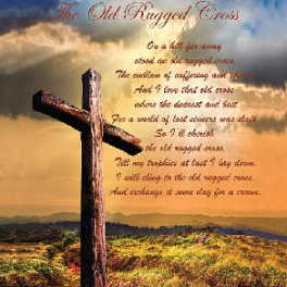 A wooden cross stands in a field under a cloudy sunset sky with text overlaid.