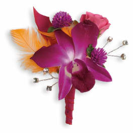 Purple orchid boutonniere with pink rose and orange feathers