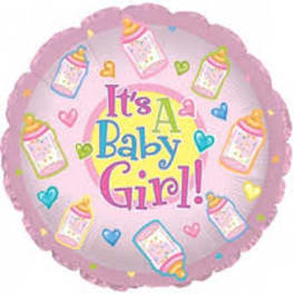 Round pink balloon with "It's A Baby Girl!" text and baby bottle graphics