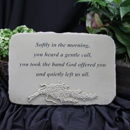 Memorial plaque with engraved poem and floral relief