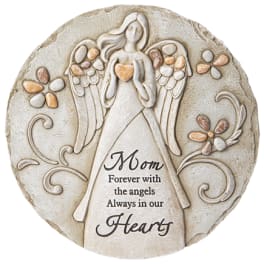 Round memorial plaque with an angel and the words "Mom Forever with the angels Always in our Hearts"