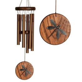 Wooden wind chime with bronze tubes and dragonfly plaques