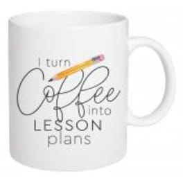 White mug with the text "I turn Coffee into LESSON plans"