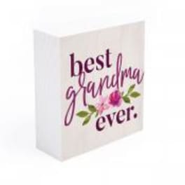 White gift bag with "best grandma ever" text and floral accents
