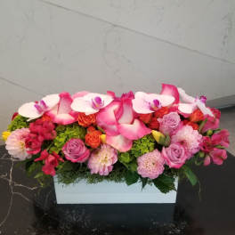 Pink and white floral arrangement in a white rectangular box