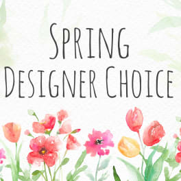 Spring Designer Choice text over watercolor tulips and flowers