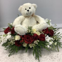White teddy bear sitting in a red and white rose arrangement