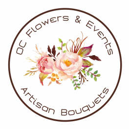 Circular floral logo with watercolor pink flowers and text reading OC Flowers & Events Artisan Bouquets
