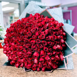 Large bouquet of red roses wrapped in paper