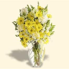 Yellow and white daisy bouquet in a clear glass vase