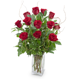 Red roses arranged in a clear glass vase with curly branches