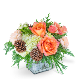 Orange roses and pale flowers in a glass cube vase with pinecones