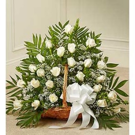 Basket arrangement of white roses with a white ribbon bow