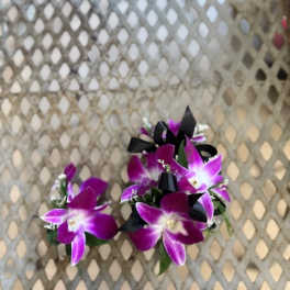 Two purple orchid corsages with black ribbon accents