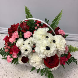 Basket arrangement of red, pink, and white flowers with fern accents
