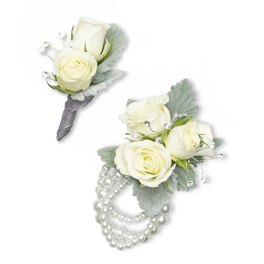 White rose boutonnieres with pearl accents and silver ribbon