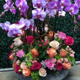 Purple orchids and mixed roses arranged in a low gray bowl