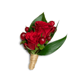 Red rose boutonniere with berries and green leaves