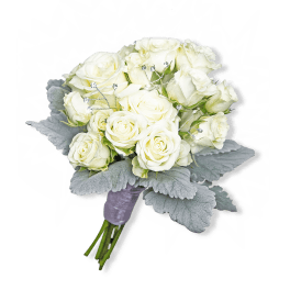 Bouquet of white roses with silver-gray leaves and a purple wrapped handle