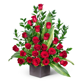 Red roses arranged in a black square vase with variegated leaves
