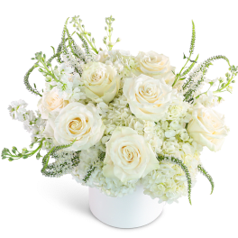 White roses and hydrangeas in a white vase