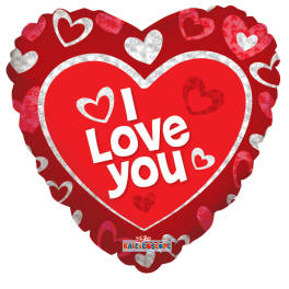 Heart-shaped red balloon with "I Love You" text and heart patterns