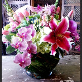 Pink orchids and lilies arranged in a glass vase