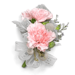 Pink carnation bouquet with silver ribbon and small filler flowers