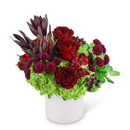 Red roses and burgundy flowers in a white vase