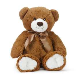 Brown teddy bear with a satin bow on a white background