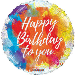 Round multicolor birthday balloon with white text