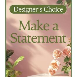 Designer’s Choice floral sign with peach roses on a pink background