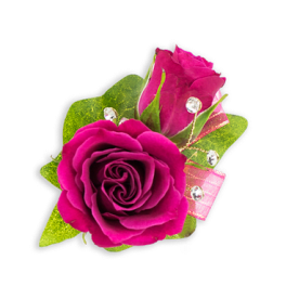 Pink rose boutonniere with green leaves and ribbon accents