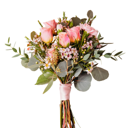 Pink rose bouquet with small filler flowers and eucalyptus, tied with ribbon