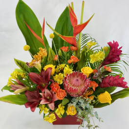 Tall tropical arrangement with red lilies, protea, roses, and yellow blooms in a red container