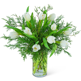 White tulips arranged in a clear glass vase with airy greenery